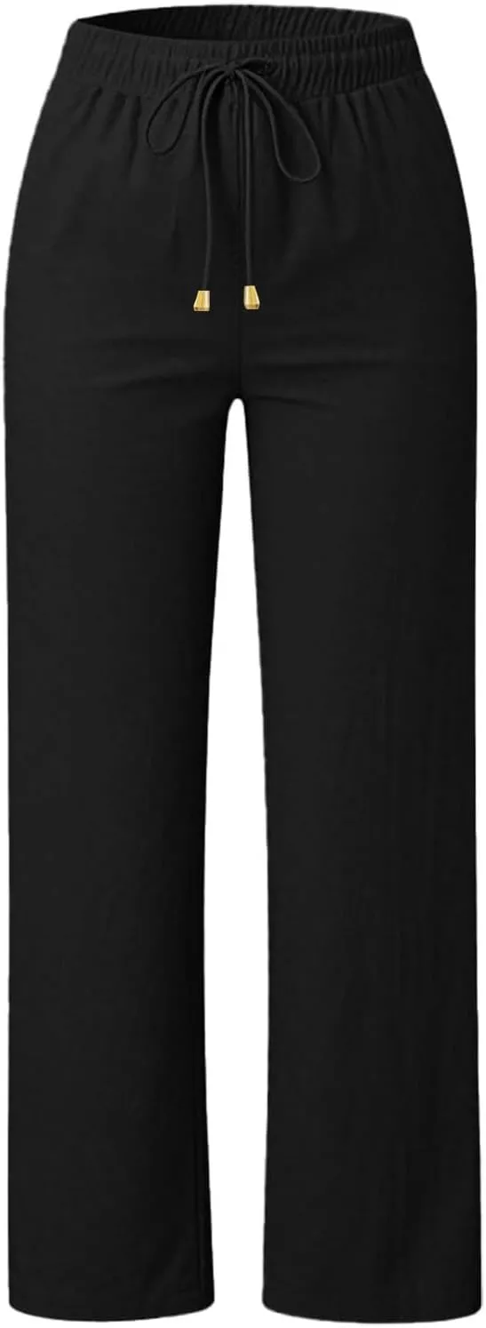 Linen Pants Women Summer Casual Capri Wide Leg Pants with Pockets Palazzo Comfy Baggy High Waisted Pant