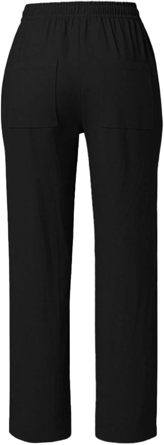 Linen Pants Women Summer Casual Capri Wide Leg Pants with Pockets Palazzo Comfy Baggy High Waisted Pant