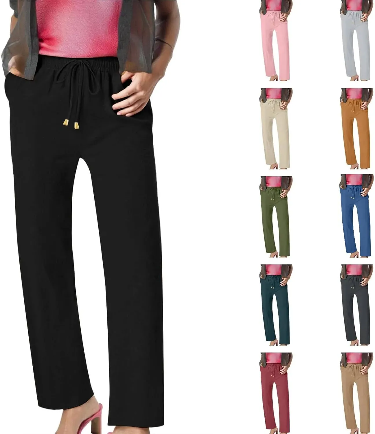 Linen Pants Women Summer Casual Capri Wide Leg Pants with Pockets Palazzo Comfy Baggy High Waisted Pant