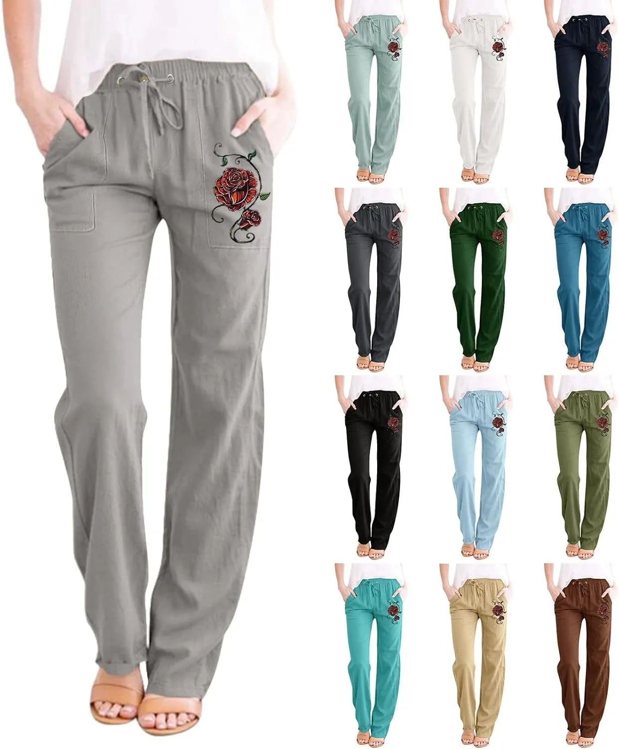Linen Pants Women Summer Cropped Straight Leg Crop Pants Ladies Casual Long Loose Pant Slacks Women's Wide Leg Linen