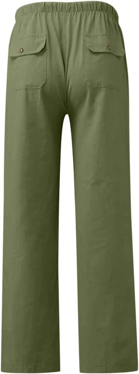 Linen Pants Women Summer Cropped Straight Leg Crop Pants Ladies Casual Long Loose Pant Slacks Women's Wide Leg Linen