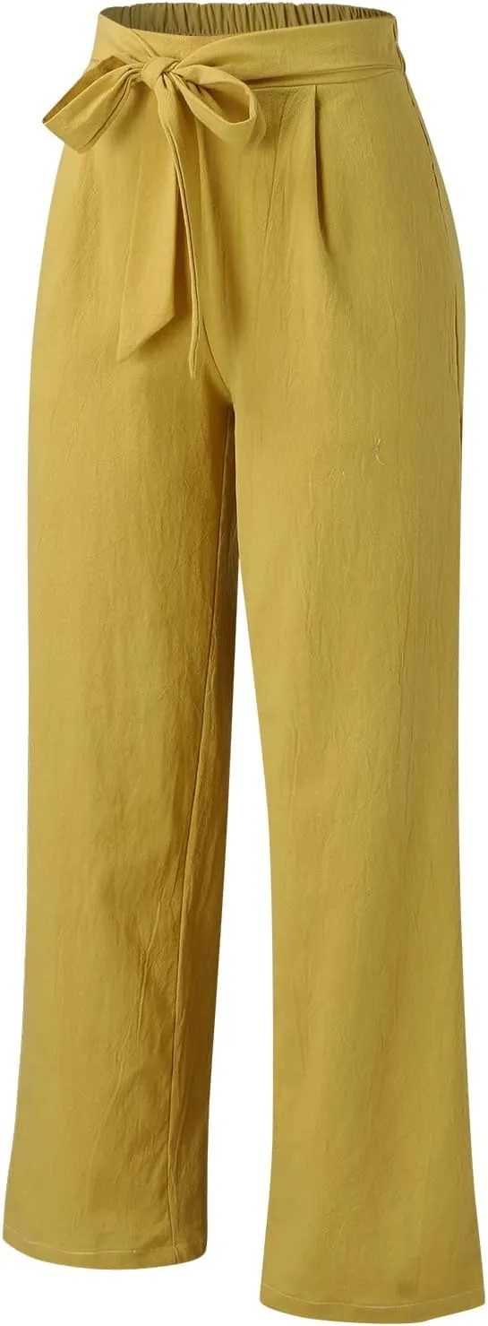 Linen Pants Women Summer Loose Fit Comfy Cotton Trousers Women's Cotton Linen Capri Pants Wide Leg Elastic Beach Pant