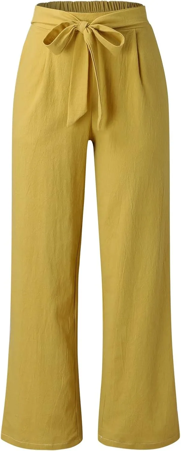 Linen Pants Women Summer Loose Fit Comfy Cotton Trousers Women's Cotton Linen Capri Pants Wide Leg Elastic Beach Pant