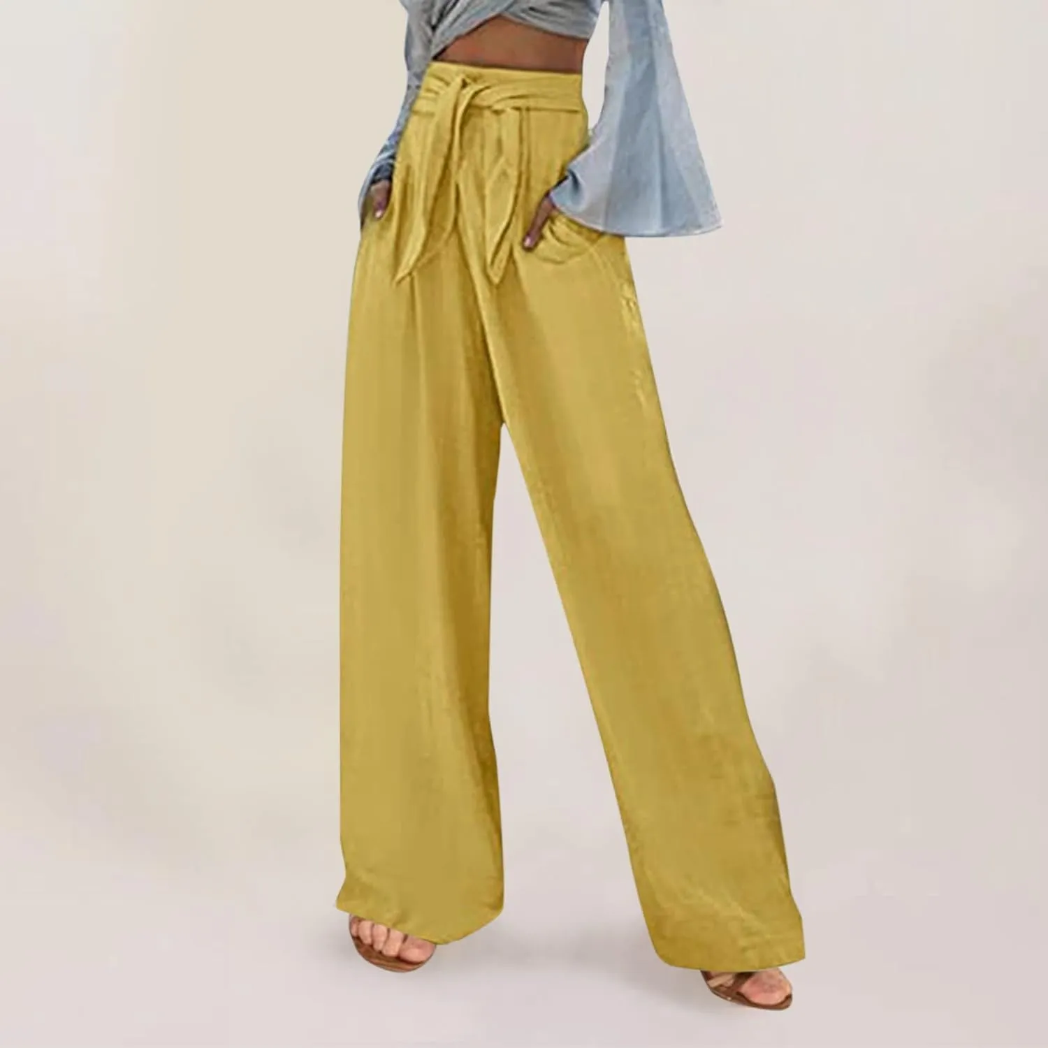 Linen Pants Women Summer Loose Fit Comfy Cotton Trousers Women's Cotton Linen Capri Pants Wide Leg Elastic Beach Pant