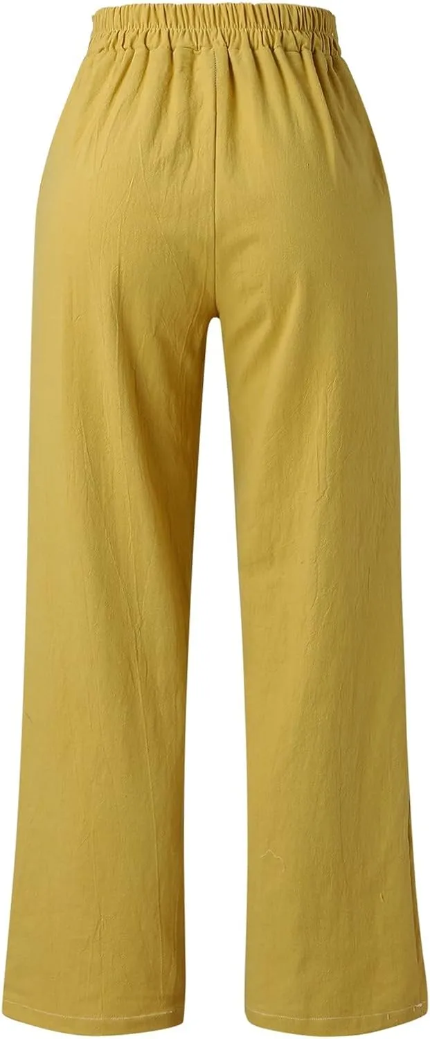Linen Pants Women Summer Loose Fit Comfy Cotton Trousers Women's Cotton Linen Capri Pants Wide Leg Elastic Beach Pant