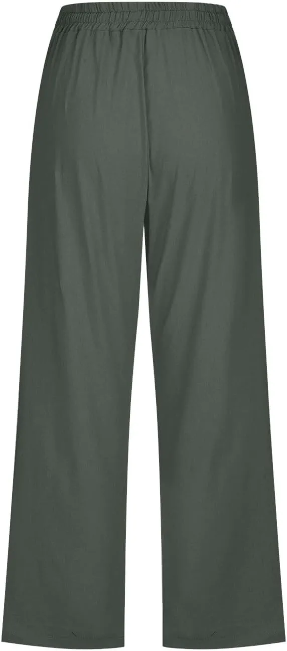 Linen Pants Women Summer Pants Elastic Waist Baggy Pants Drawstring Trousers with Pockets Cropped Pants Women Linen