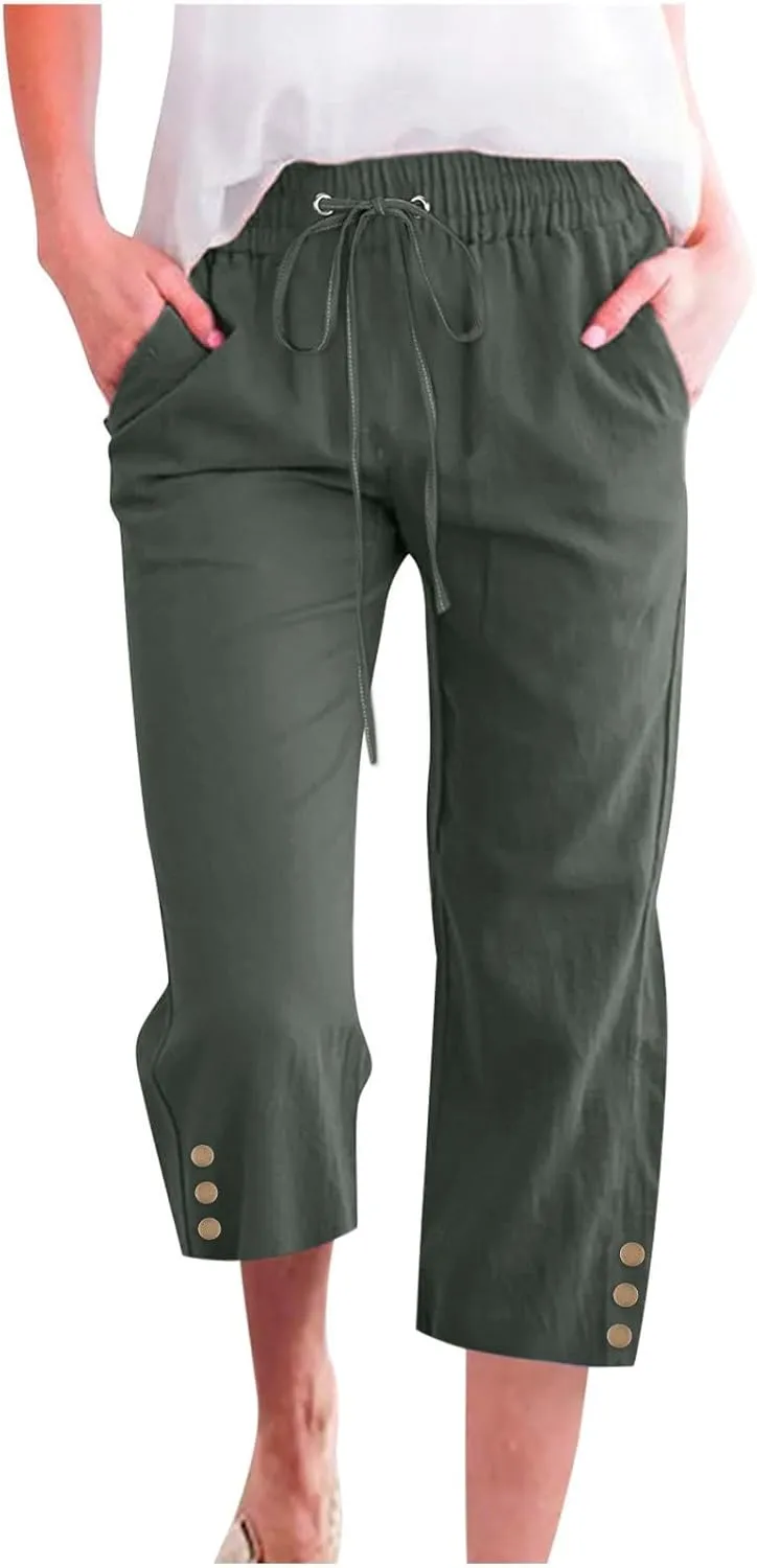 Linen Pants Women Summer Pants Elastic Waist Baggy Pants Drawstring Trousers with Pockets Cropped Pants Women Linen