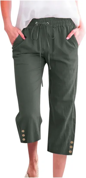 Linen Pants Women Summer Pants Elastic Waist Baggy Pants Drawstring Trousers with Pockets Cropped Pants Women Linen