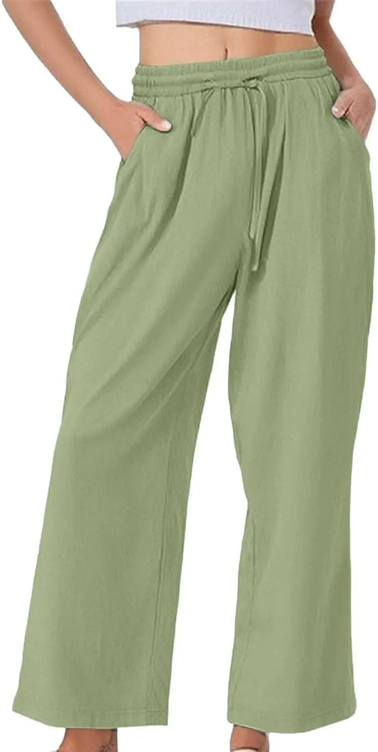 Linen Pants Women Summer Wide Leg Tall Beach Pants Petite High Waist Palazzo Casual Loose Flowly Trousers with Pockets