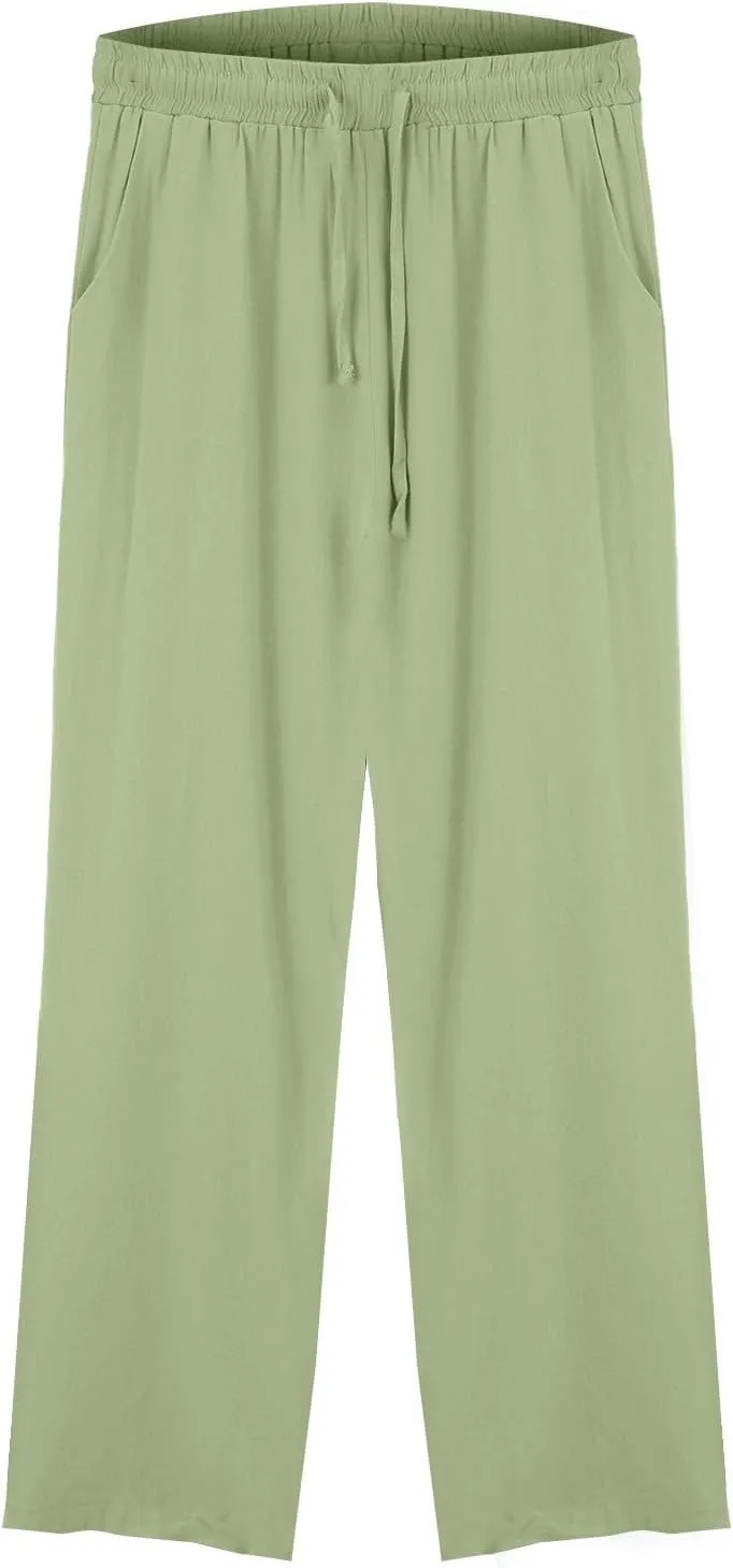 Linen Pants Women Summer Wide Leg Tall Beach Pants Petite High Waist Palazzo Casual Loose Flowly Trousers with Pockets