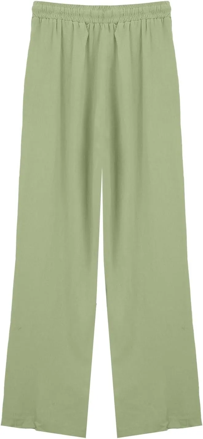 Linen Pants Women Summer Wide Leg Tall Beach Pants Petite High Waist Palazzo Casual Loose Flowly Trousers with Pockets