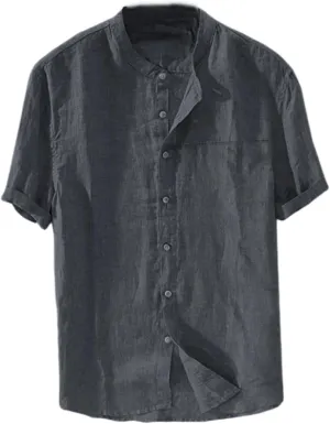 Linen Shirt for Men Collarless Button Down Short Sleeve Shirts Cotton Beach Casual Summer Shirts