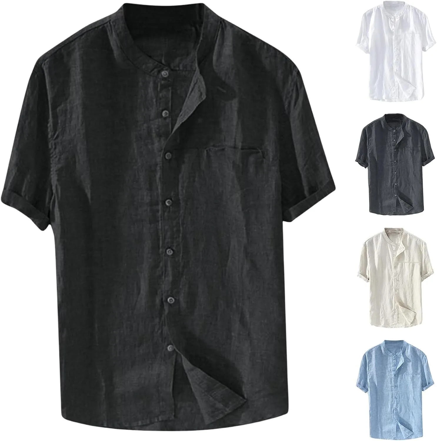 Linen Shirt for Men Collarless Button Down Short Sleeve Shirts Cotton Beach Casual Summer Shirts