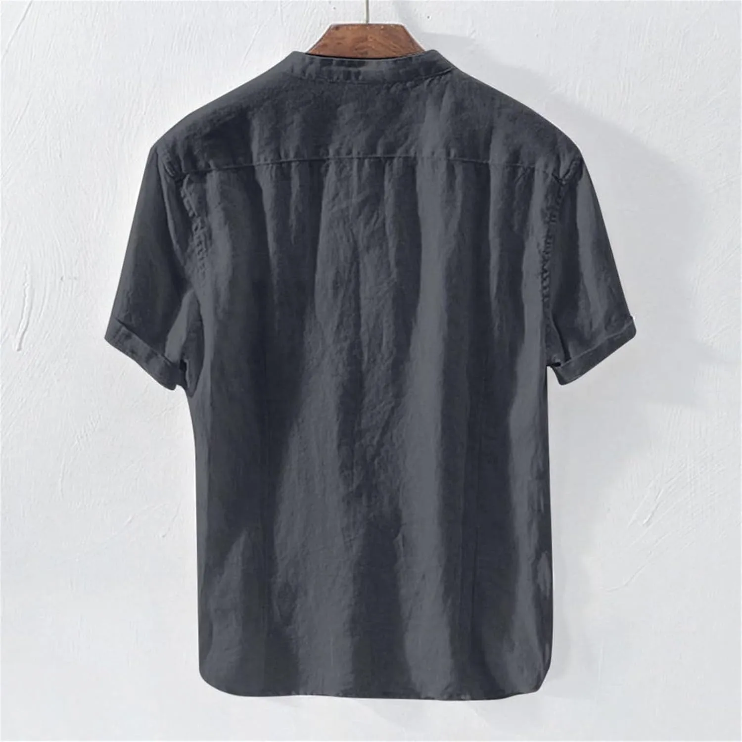 Linen Shirt for Men Collarless Button Down Short Sleeve Shirts Cotton Beach Casual Summer Shirts