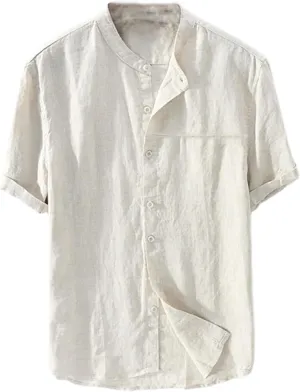 Linen Shirt for Men Collarless Button Down Short Sleeve Shirts Cotton Beach Casual Summer Shirts