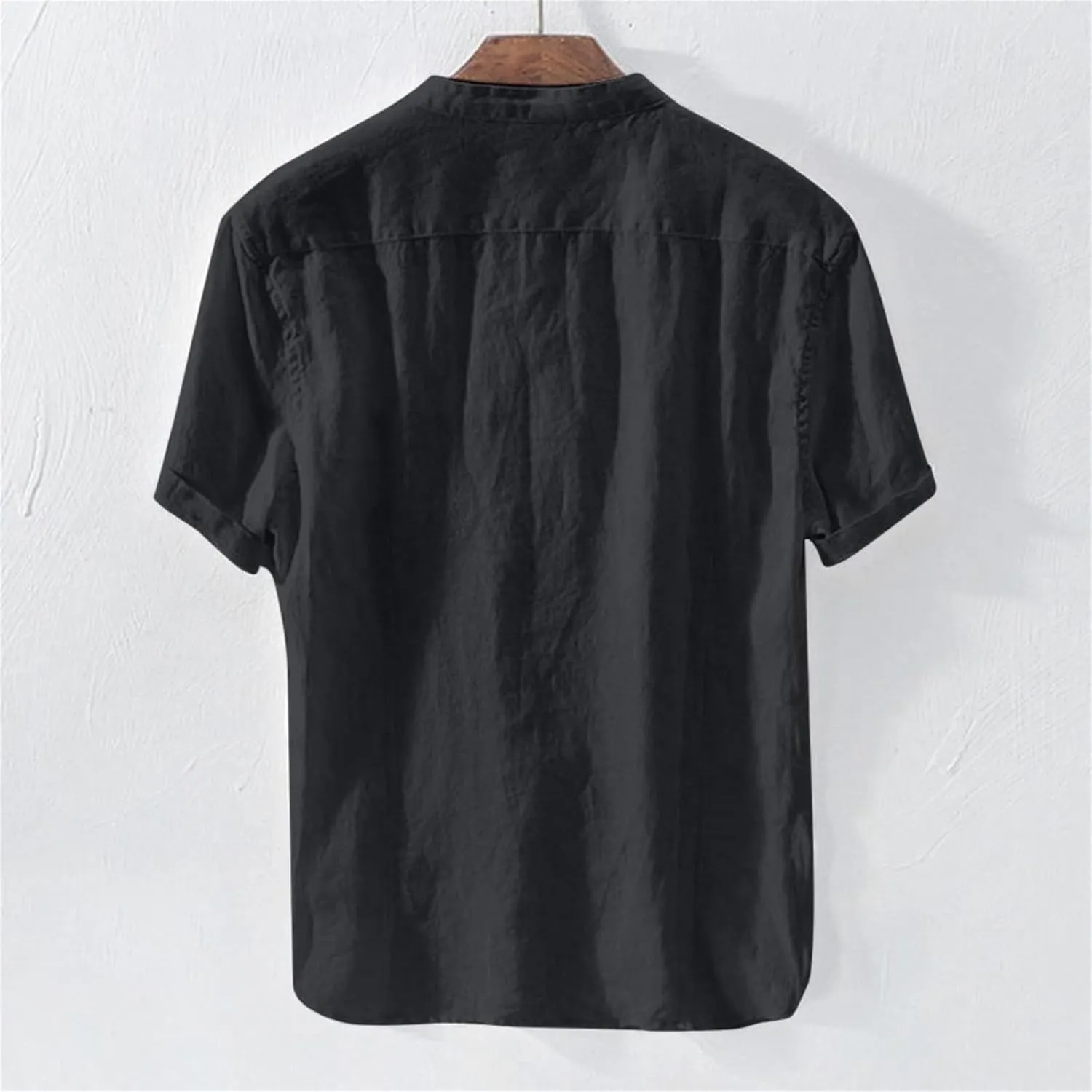 Linen Shirt for Men Collarless Button Down Short Sleeve Shirts Cotton Beach Casual Summer Shirts