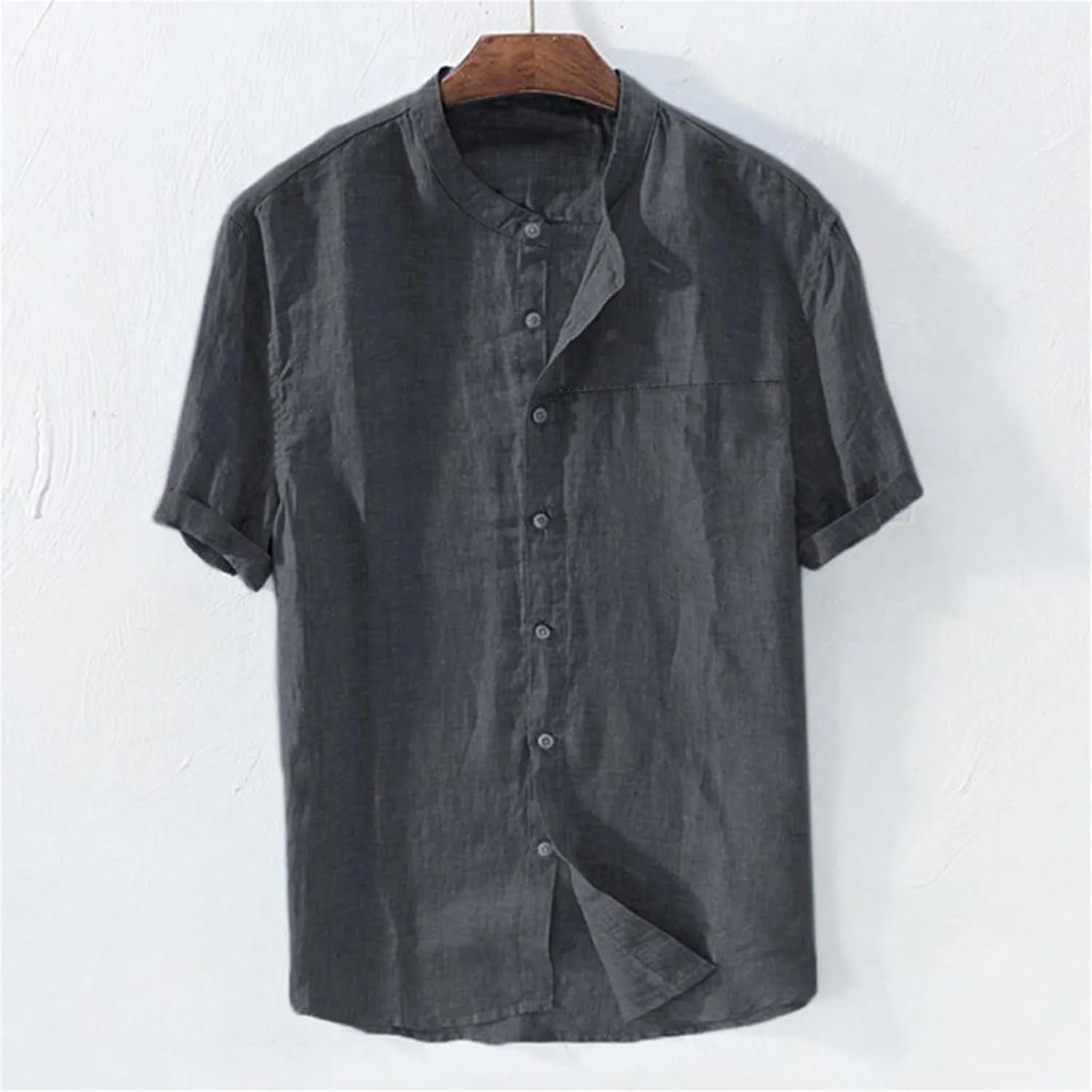 Linen Shirt for Men Collarless Button Down Short Sleeve Shirts Cotton Beach Casual Summer Shirts