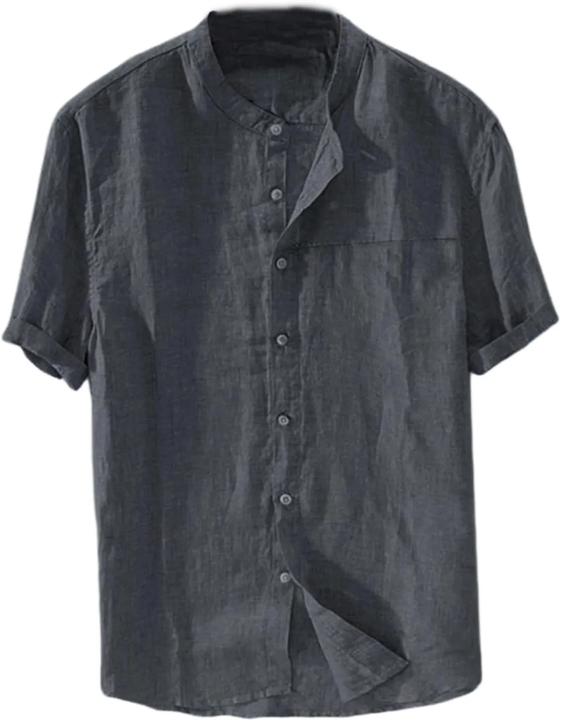 Linen Shirt for Men Collarless Button Down Short Sleeve Shirts Cotton Beach Casual Summer Shirts
