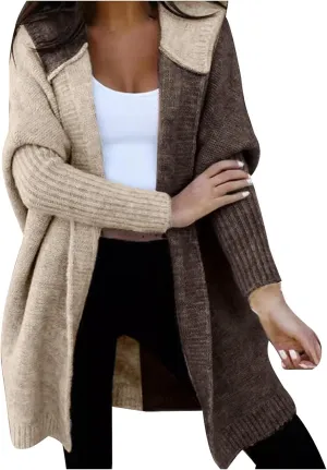 Long Cardigan Sweaters for Women Winter Coats Color Block Knit Sweater Fall Jackets with Hood Long Trench Coat