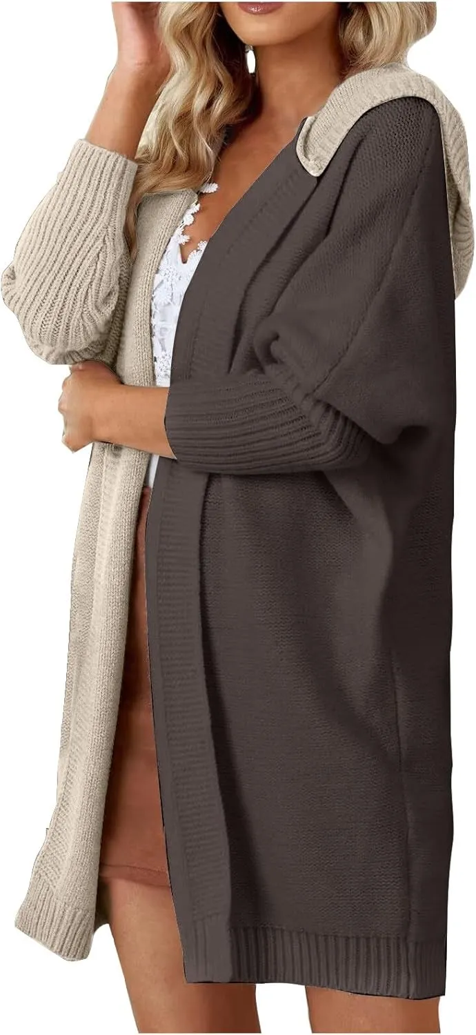 Long Cardigan Sweaters for Women Winter Coats Color Block Knit Sweater Fall Jackets with Hood Long Trench Coat