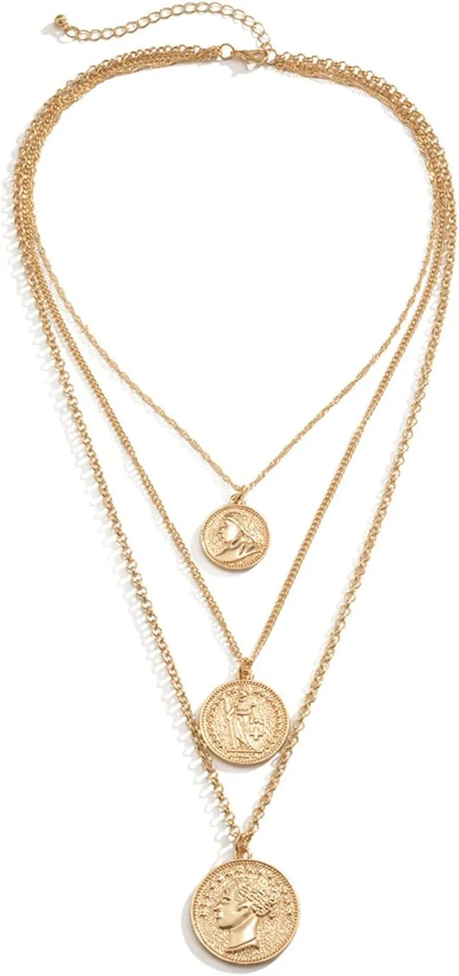 Long Necklaces, Silver Layered Necklaces for Women Alloy Portrait Embossed Round Pendant Shape for Women