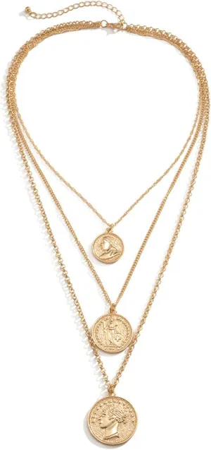 Long Necklaces, Silver Layered Necklaces for Women Alloy Portrait Embossed Round Pendant Shape for Women