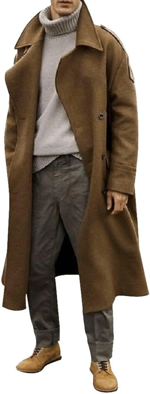 Long Trench Coat Men Double Breasted Oversized Windbreaker Lapel Long Jacket Casual Windproof Overcoat with Pockets