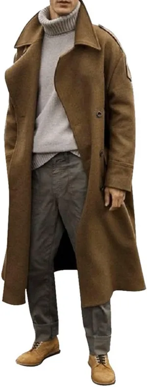 Long Trench Coat Men Double Breasted Oversized Windbreaker Lapel Long Jacket Casual Windproof Overcoat with Pockets