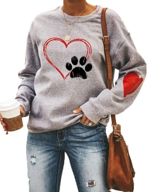 Love Heart Dog Paw Print Sweatshirts Women Long Sleeve Pullover Tops Casual Blouse Mother's Day
