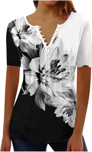 LRMQS Short Sleeve Summer Tops for Women 2024 Vacation Trendy Loose Fit Boho V Neck Tunic Blouse Casual Floral Shirt Clothing