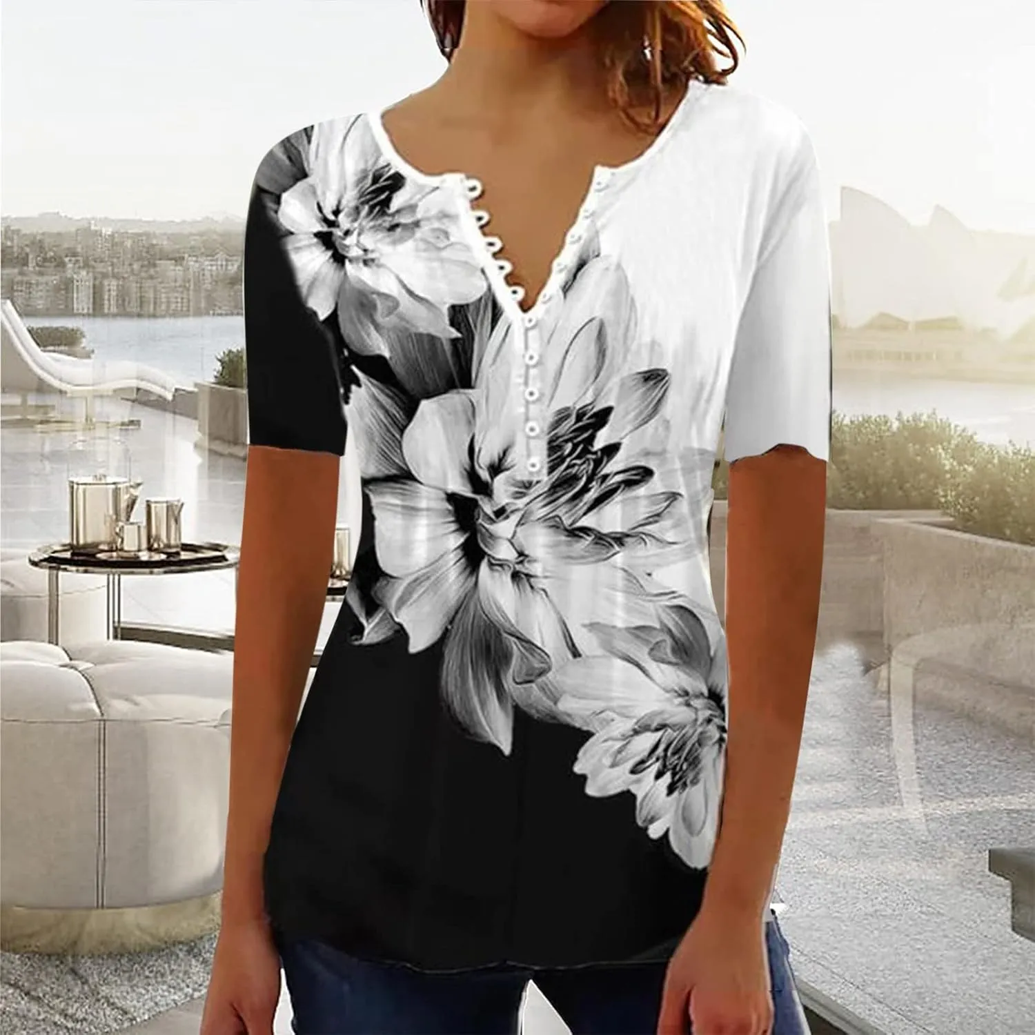 LRMQS Short Sleeve Summer Tops for Women 2024 Vacation Trendy Loose Fit Boho V Neck Tunic Blouse Casual Floral Shirt Clothing
