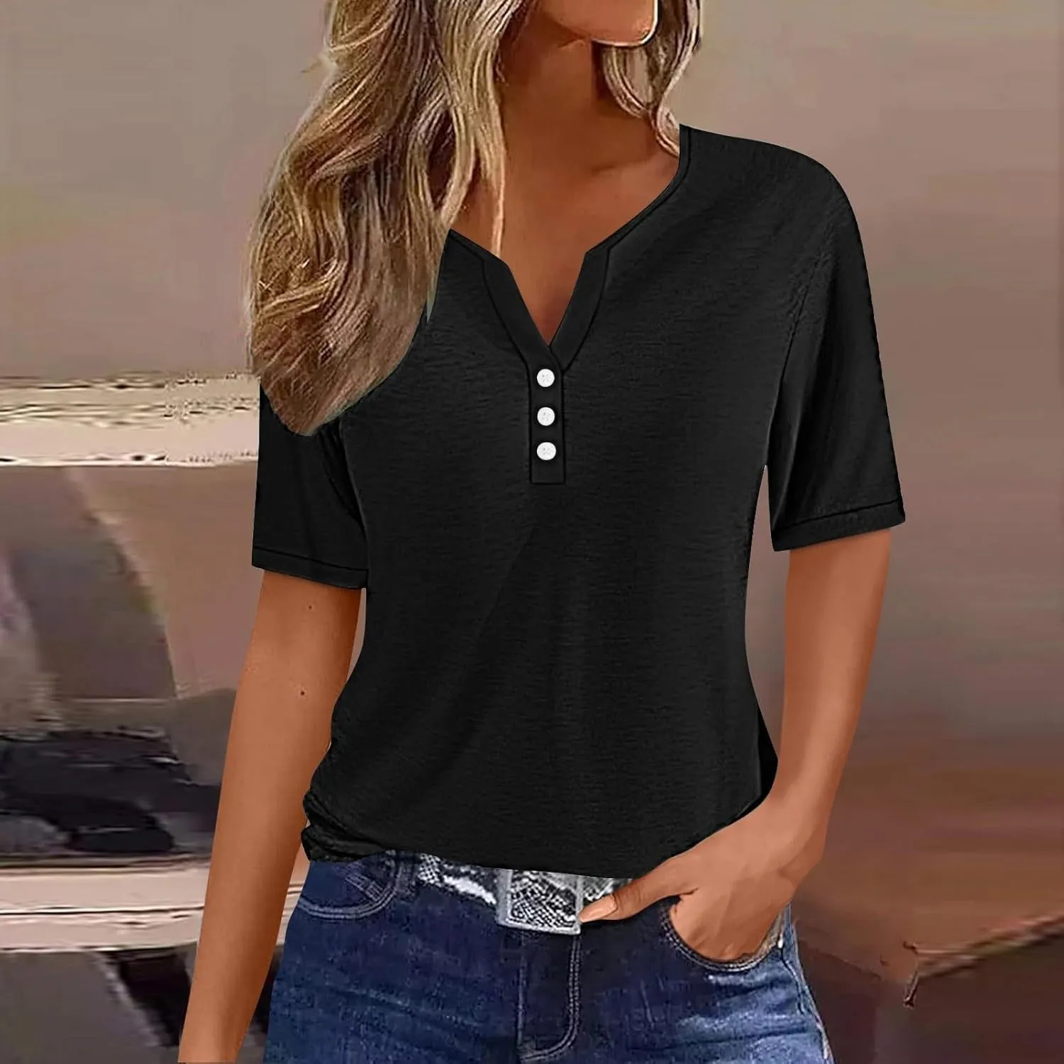 LRMQS Summer Tops for Women 2024 Trendy Vacation Short Sleeve Button V Neck T Shirt Boho Casual Fashion Spring Tee Clothes
