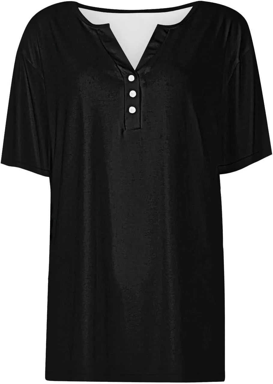 LRMQS Summer Tops for Women 2024 Trendy Vacation Short Sleeve Button V Neck T Shirt Boho Casual Fashion Spring Tee Clothes