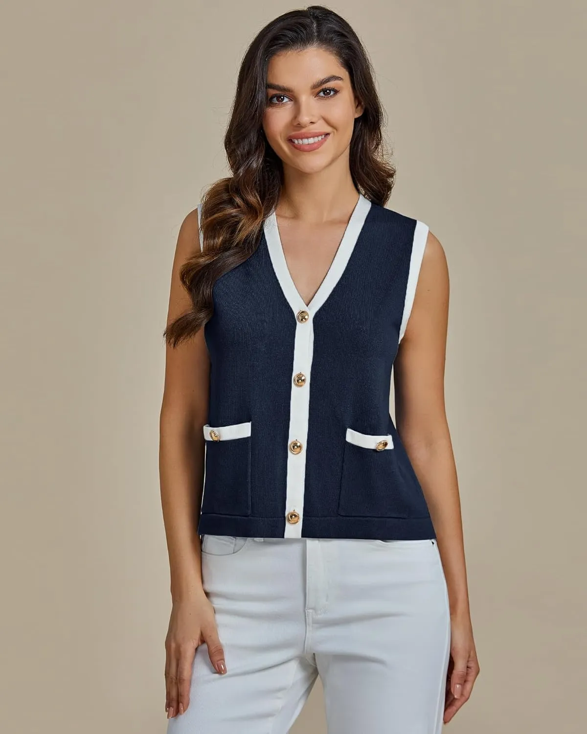 luvamia Knit Vest for Women Trendy Colorblock Button Down Dressy Casual Sleeveless Summer Sweater Vests Top with Pockets