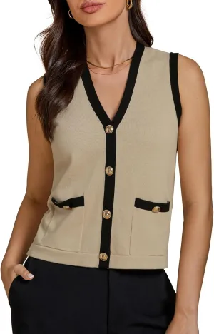 luvamia Knit Vest for Women Trendy Colorblock Button Down Dressy Casual Sleeveless Summer Sweater Vests Top with Pockets