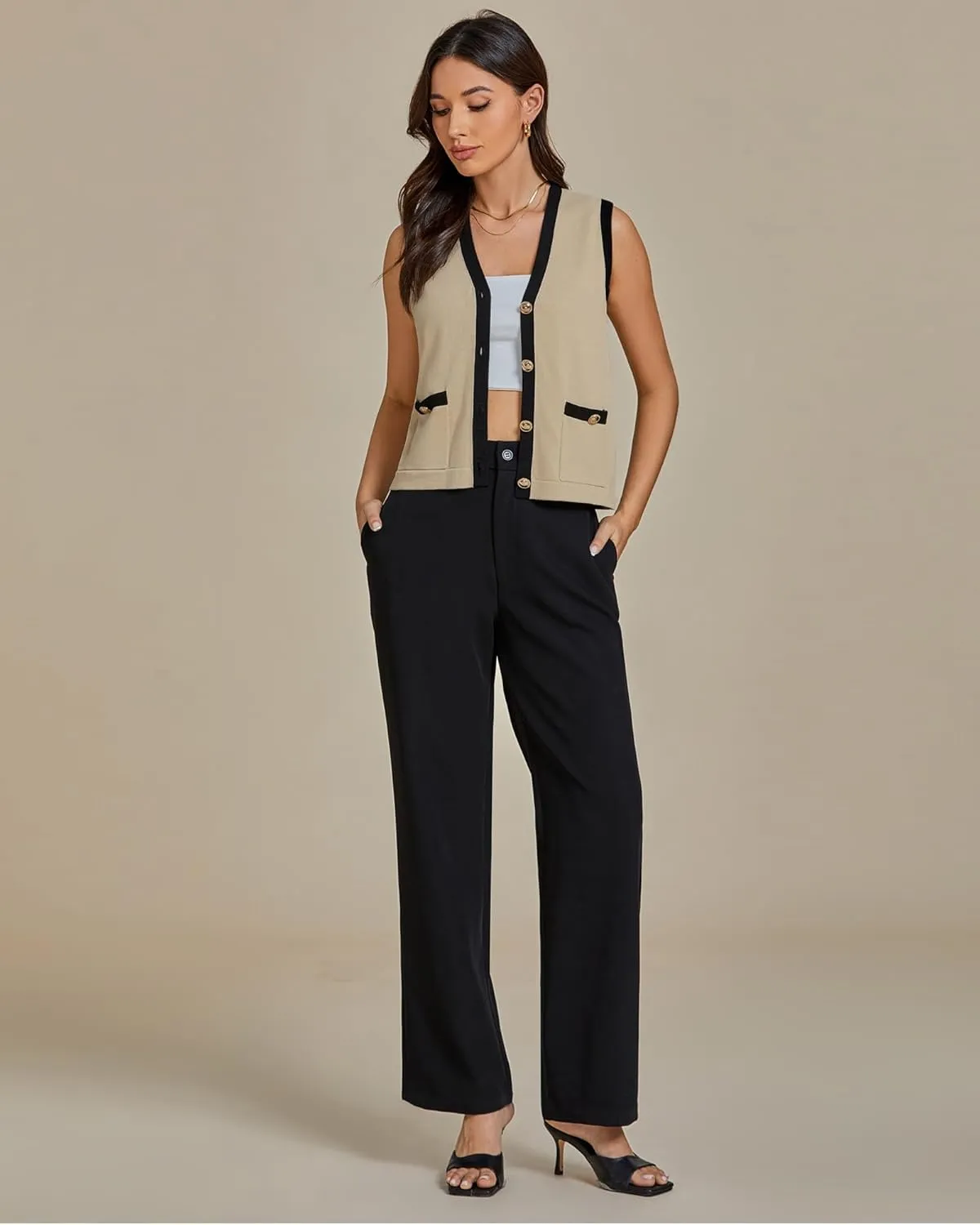luvamia Knit Vest for Women Trendy Colorblock Button Down Dressy Casual Sleeveless Summer Sweater Vests Top with Pockets