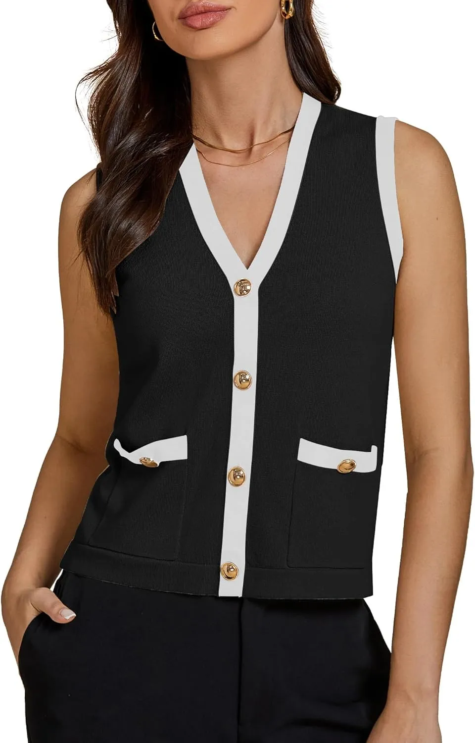 luvamia Knit Vest for Women Trendy Colorblock Button Down Dressy Casual Sleeveless Summer Sweater Vests Top with Pockets