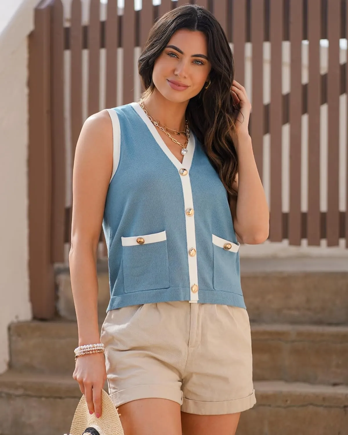 luvamia Knit Vest for Women Trendy Colorblock Button Down Dressy Casual Sleeveless Summer Sweater Vests Top with Pockets
