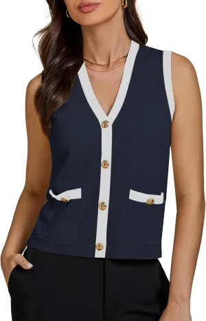 luvamia Knit Vest for Women Trendy Colorblock Button Down Dressy Casual Sleeveless Summer Sweater Vests Top with Pockets