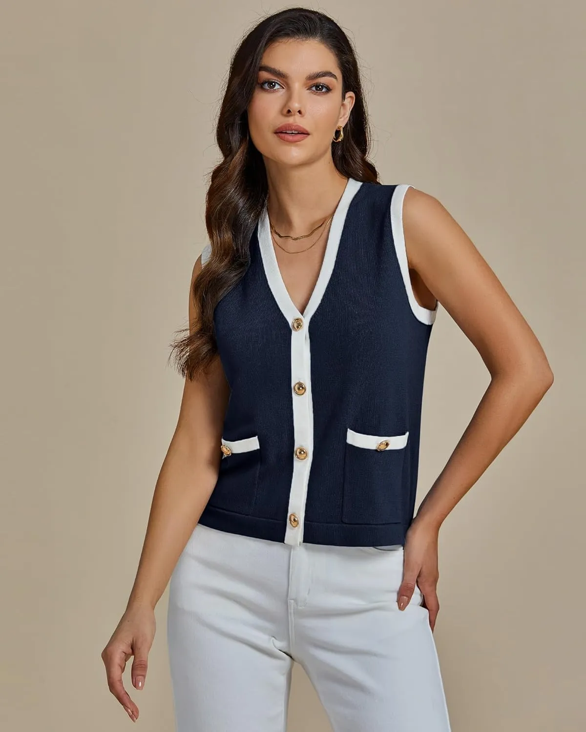luvamia Knit Vest for Women Trendy Colorblock Button Down Dressy Casual Sleeveless Summer Sweater Vests Top with Pockets