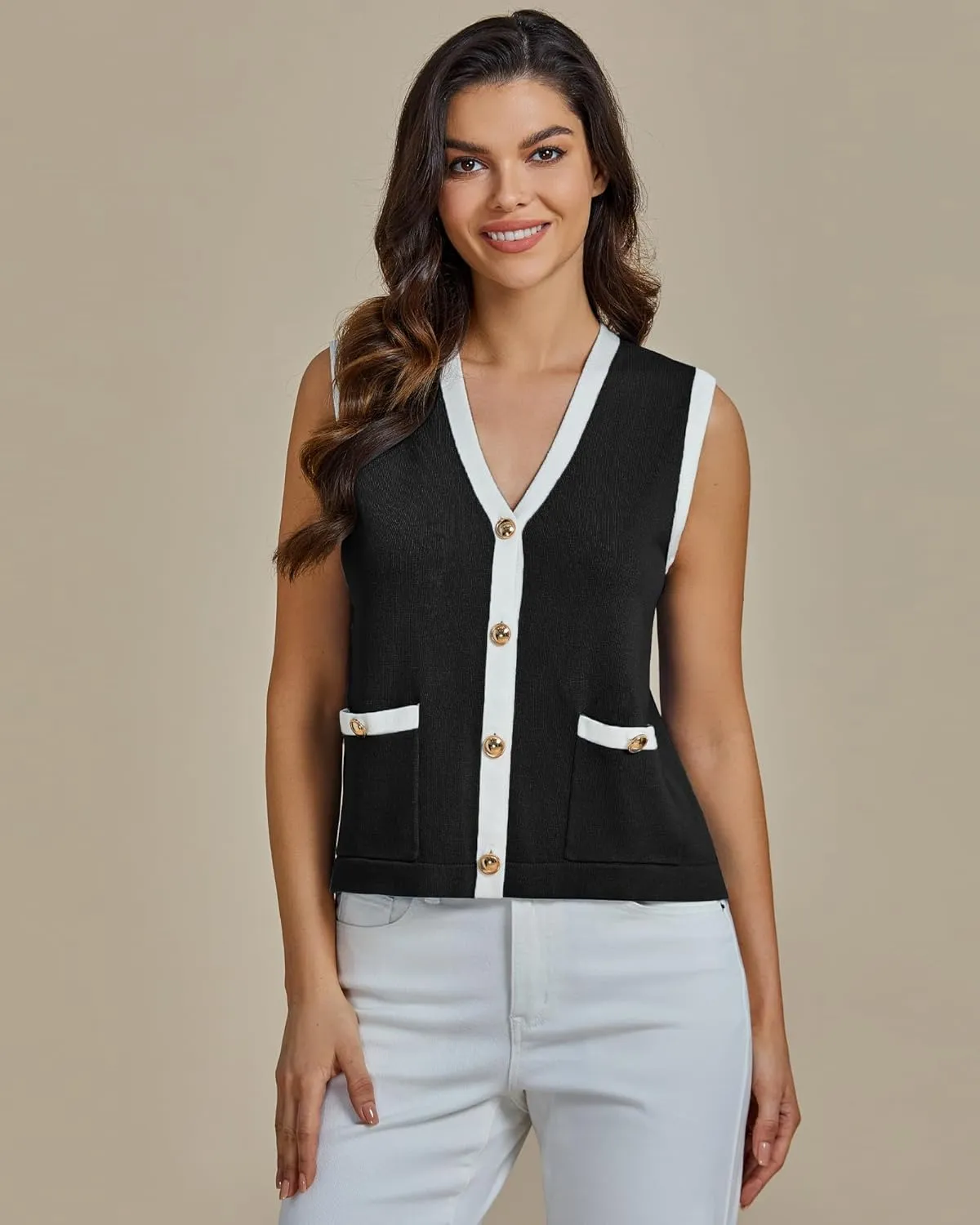 luvamia Knit Vest for Women Trendy Colorblock Button Down Dressy Casual Sleeveless Summer Sweater Vests Top with Pockets