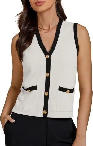 luvamia Knit Vest for Women Trendy Colorblock Button Down Dressy Casual Sleeveless Summer Sweater Vests Top with Pockets