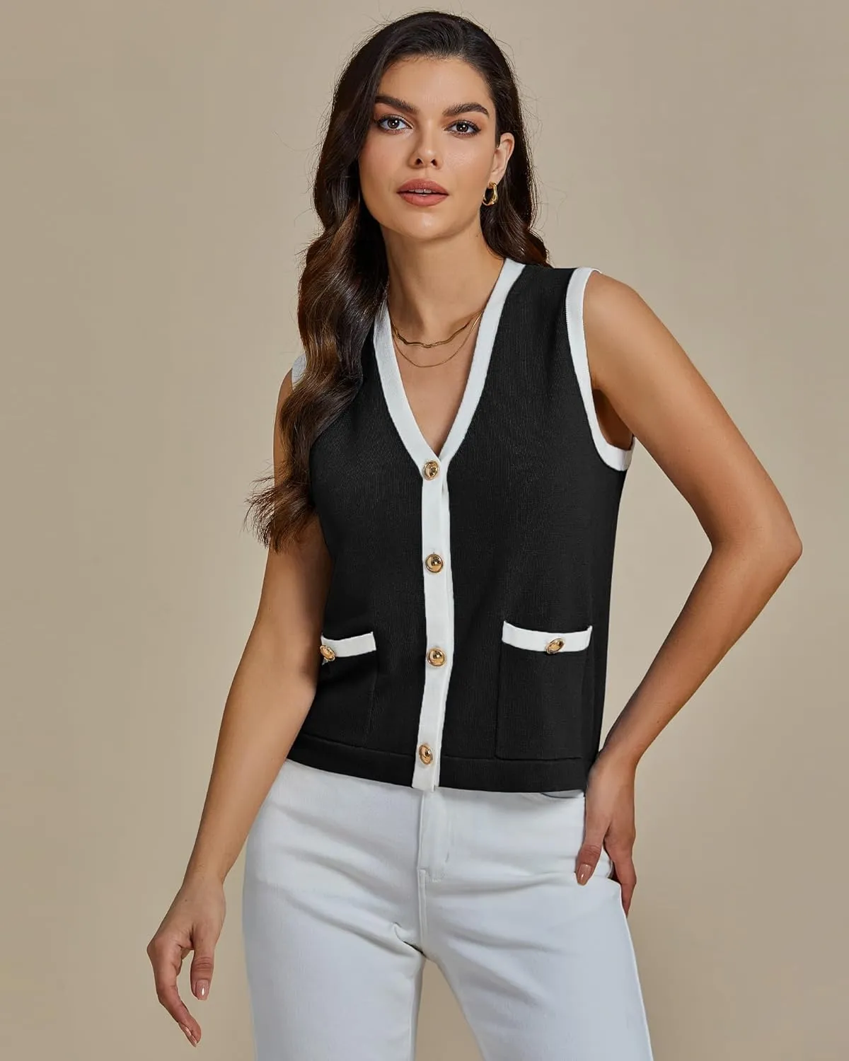 luvamia Knit Vest for Women Trendy Colorblock Button Down Dressy Casual Sleeveless Summer Sweater Vests Top with Pockets
