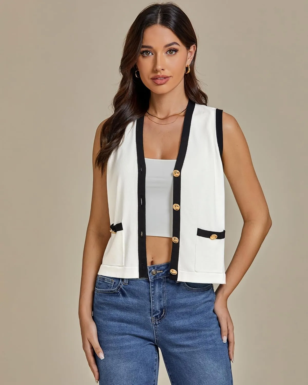 luvamia Knit Vest for Women Trendy Colorblock Button Down Dressy Casual Sleeveless Summer Sweater Vests Top with Pockets