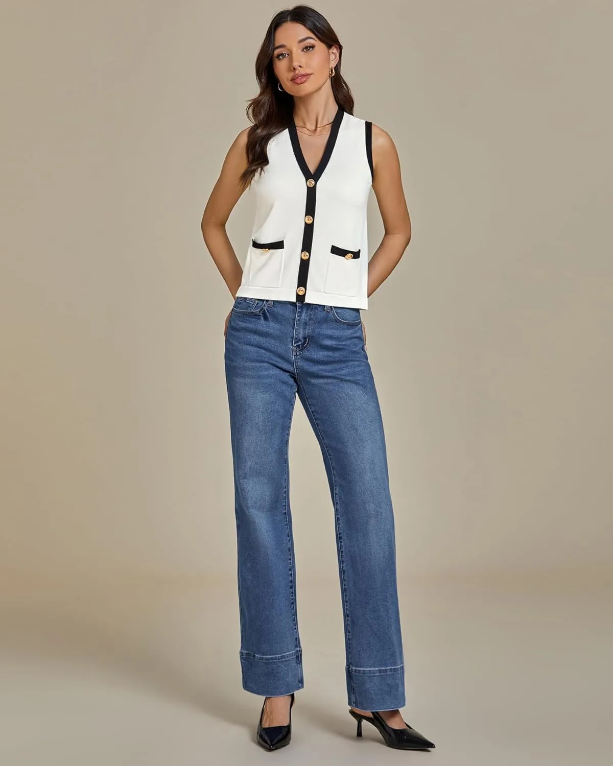 luvamia Knit Vest for Women Trendy Colorblock Button Down Dressy Casual Sleeveless Summer Sweater Vests Top with Pockets