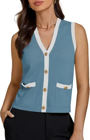luvamia Knit Vest for Women Trendy Colorblock Button Down Dressy Casual Sleeveless Summer Sweater Vests Top with Pockets