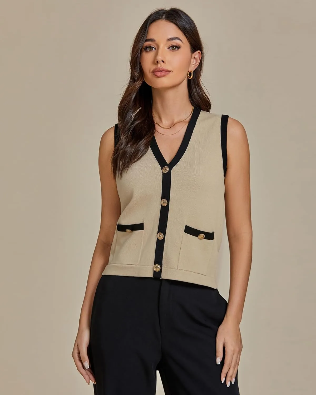luvamia Knit Vest for Women Trendy Colorblock Button Down Dressy Casual Sleeveless Summer Sweater Vests Top with Pockets