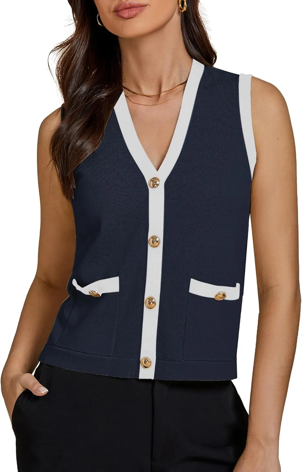 luvamia Knit Vest for Women Trendy Colorblock Button Down Dressy Casual Sleeveless Summer Sweater Vests Top with Pockets