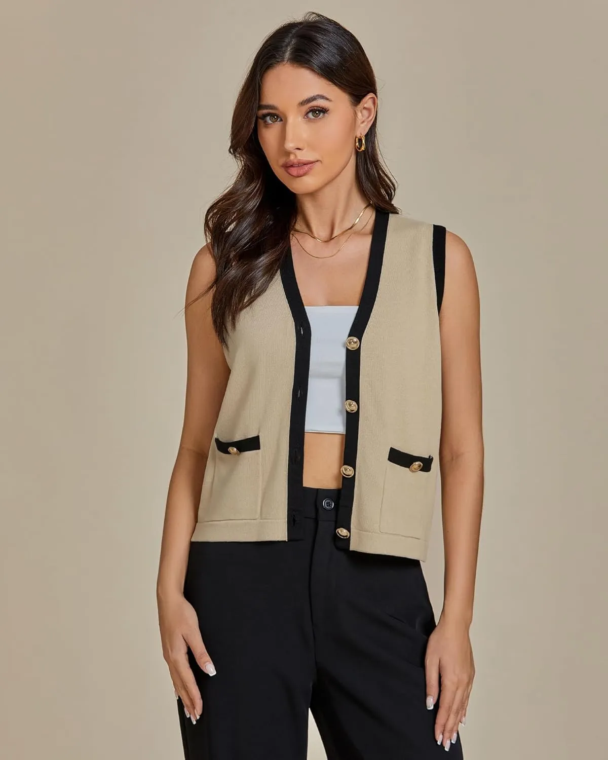 luvamia Knit Vest for Women Trendy Colorblock Button Down Dressy Casual Sleeveless Summer Sweater Vests Top with Pockets