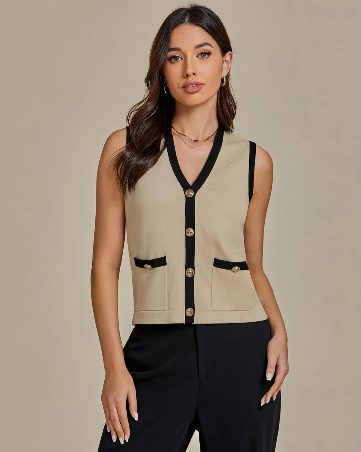 luvamia Knit Vest for Women Trendy Colorblock Button Down Dressy Casual Sleeveless Summer Sweater Vests Top with Pockets